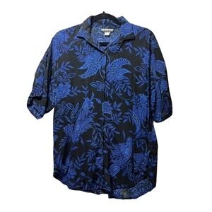 California Krush Blue‎ Paisley Floral Button Front Short Sleeve Shirt Size M
